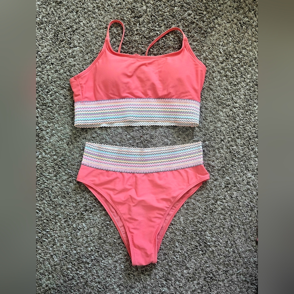 Coral Bikini Set with Striped Waistband